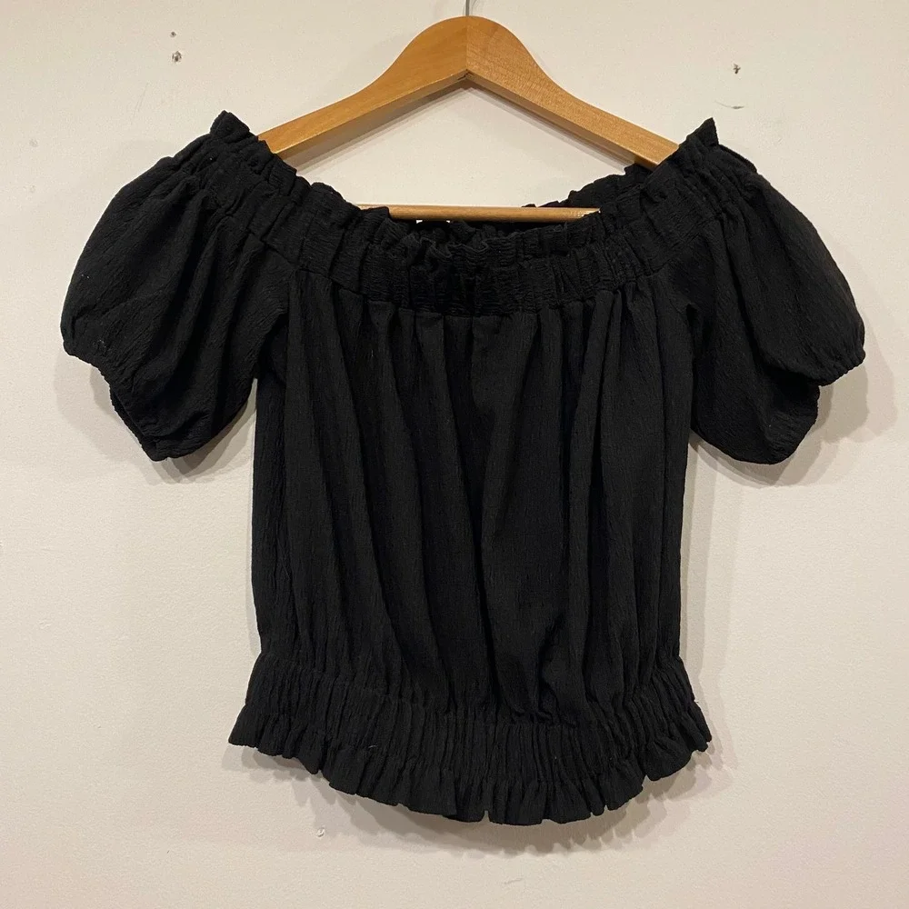 LOFT Black Off The Shoulder Smocked Puff Sleeve Blouse XXS Romantic Boho